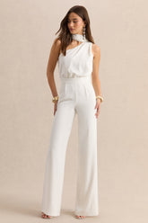 Gliselle | White Asymmetric-Neck Jumpsuit With Scarf-Detail