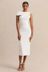 Clarina | White Asymmetric-Neck Midi Dress With Bow-Detail