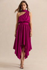 Caluna | Hot Pink Satin Asymmetric-Neck Midi Dress With Scarf-Detail