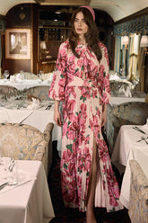 Rionna | Pink Hibiscus Print High-Neck Maxi Dress With Cut-Out Detailing