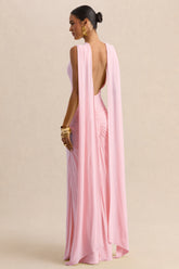 Premiere | Light Pink Boat-Neck Maxi Dress With Cape-Sleeves And Open-Back