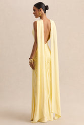 Premiere | Lemon Boat-Neck Maxi Dress With Cape-Sleeves And Open-Back