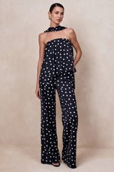 Seloria | Black & White Satin Polka Dot Wide-Leg Trouser