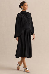 Honora | Black High-Neck Midi Dress With Cape-Sleeves