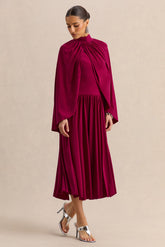 Honora | Burgundy High-Neck Midi Dress With Cape-Sleeves