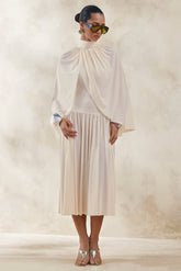 Honora | Cream High-Neck Midi Dress With Cape-Sleeves