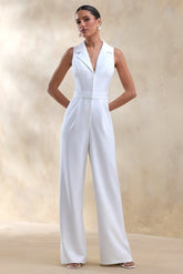 Brillora | White Plunge-Neck Tailored Jumpsuit