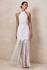 Skylar | White Lace Halter-Neck Maxi Dress With Open-Back And Bow Detail