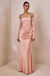Rinna | Pink Lace And Satin Bardot-Neck Maxi Dress
