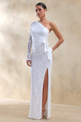 Norna | White Lace Asymmetric-Neck Maxi Dress With Cut-Out And Bow Details