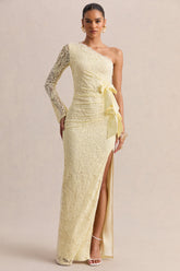 Norna | Lemon Lace Asymmetric-Neck Maxi Dress With Cut-Out And Bow Details
