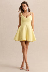 Morgania | Lemon Boucle Plunge-Neck Mini Dress