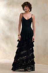 Avelisse | Black Lace Plunge-Neck Maxi Dress With Ruffled Detailing