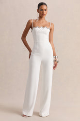 Calira | White Scalloped Square-Neck Jumpsuit