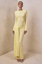 Evangela | Lemon Lace Crew-Neck Maxi Dress With Wrap-Detail