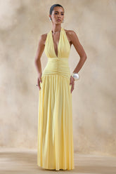 Bettina | Lemon Plunge-Neck Maxi Dress With Gathered-Detailing