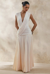 Glorina | Cream Plunge-Neck Maxi Dress With Draped-Detailing