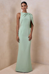 Quira | Mint Asymmetric-Neck Maxi Dress With Cape-Sleeve