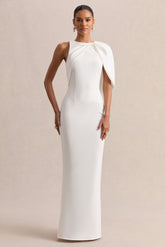 Quira | White Asymmetric-Neck Maxi Dress With Cape-Sleeve