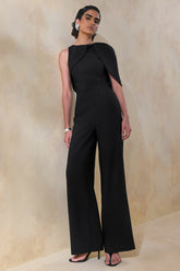 Quinley | Black Asymmetric-Neck Jumpsuit With Cape-Sleeve
