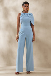Quinley | Powder Blue Asymmetric-Neck Jumpsuit With Cape-Sleeve