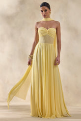 Lyvoria | Lemon Bandeau Maxi Dress With Mesh-Detail And Scarf