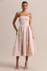 Amaris | Pink Embellished Floral Bandeau Skater Midi Dress