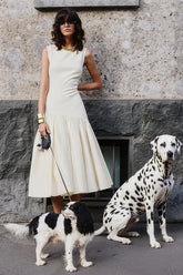 Fantasia | Cream Boat-Neck Midi Dress With Asymmetric Drop-Waist