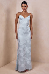 Carelle | Powder Blue Satin Plunge-Neck Maxi Dress With Asymmetric Drop-Waist