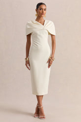 Novalie | Cream V-Neck Midi Dress With Twist-Detail