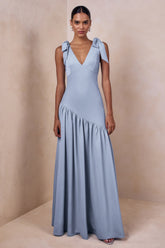 Cala | Powder Blue Matte Satin Plunge-Neck Maxi Dress With Bow-Sleeves