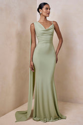 Kenza | Mint Asymmetric-Neck Maxi Dress With Scarf-Detail