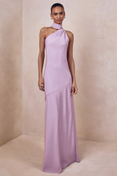 Cara | Lilac Matte Satin High-Neck Maxi Dress