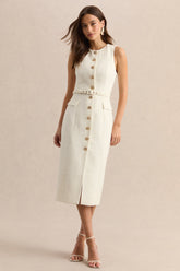 Clea | Cream Crew-Neck Belted Midi Dress With Front-Pockets