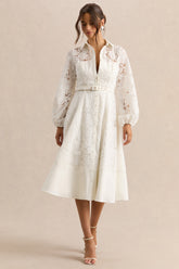 Jules | Cream Broderie High-Neck Tailored Midi Dress With Puff-Sleeves