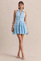Milly | Powder Blue Lace Halter-Neck Mini Dress