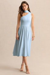 Odette | Powder Blue Asymmetric-Neck Midi Dress With Scarf