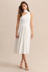 Odette | White Asymmetric-Neck Midi Dress With Scarf