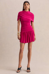 Fenella | Hot Pink High-Neck Mini Dress With Cape-Sleeves And Ruched Detailing