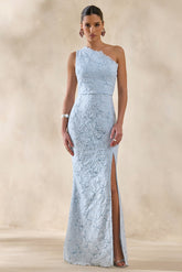 Lunia | Powder Blue Broderie Asymmetric-Neck Maxi Dress