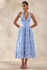 Maribel | Powder Blue Lace Plunge-Neck Midi Dress