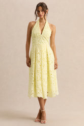 Maribel | Lemon Lace Plunge-Neck Midi Dress