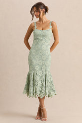 Melia | Sage Lace Scoop-Neck Midi Dress