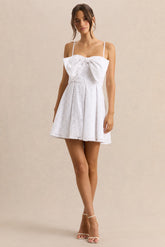 Elina | White Square-Neck Mini Dress With Bow Detail
