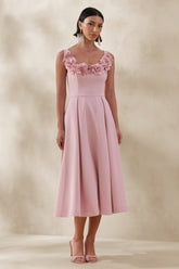 Maelle | Pink Scoop-Neck Midi Dress With Corsage Detailing