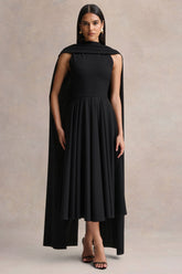 Nova | Black High-Neck Midi Dress With Cape-Sleeves