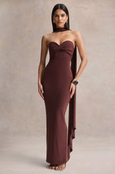 Sheila | Dark Brown Bandeau Maxi Dress With Scarf Detail