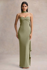 Sheila | Olive Bandeau Maxi Dress With Scarf Detail