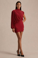 Zelda | Red High-Neck Mini Dress With One-Long Sleeve And Twisted Detail