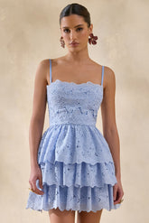 Winona | Powder Blue Lace Square-Neck Mini Dress With Ruffled Detailing